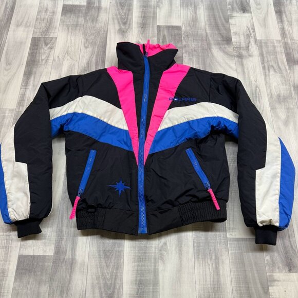✅ Womens L VTG Polaris Snowmobile Jacket Union Made USA Pink/Blue/Black Quilted - Picture 1 of 11
